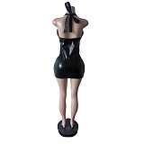 Sexy PU Halter-Neck Fitted Stretch Sleeveless Dress  MEM-88678