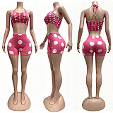 Bandage Halter Pleated Stretchy Polka Dot Print Casual Beach Suit CM-60416