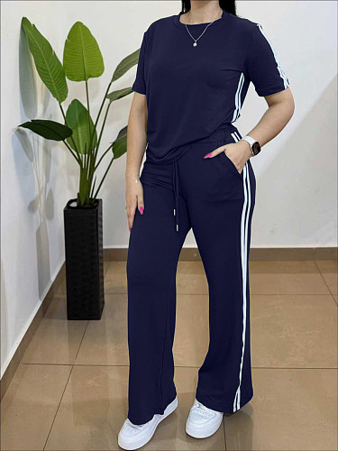 Casual Simple Side Striped T-shirt Pants Straight Two-piece Set ZAND-33519
