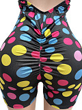 Dot Print Elastic Neckline Deep V Back Pleated One-piece Short Pants Jumpsuit CM-60403