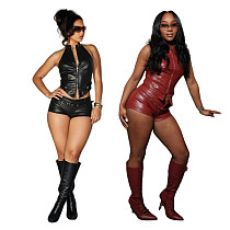 Sexy Leather Adjustable Waistband Shorts and Leggings Set MEM-88679 Sexy Leather Adjustable Waistband Shorts and Leggings Set MEM-88679