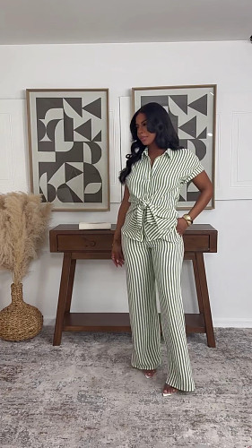 Casual Striped Loose-Fit Short-Sleeve Shirt and Wide-Leg Pants Set QZ-8368