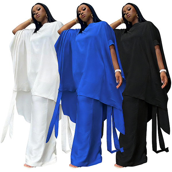 Summer Amazon Satin Set Shawl Top Casual Wide Leg Pants Two Pieces NNWY-8172