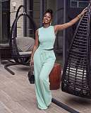 Casual Solid-Color Round-Neck Sleeveless Top and Tie-Waist Pants Two-Piece Set QZ-8524