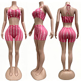 Bandage Halter Pleated Stretchy Polka Dot Print Casual Beach Suit CM-60416
