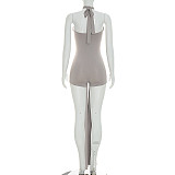 New Sexy Solid-Color Lace-Up Halter-Neck Fitted Flowy Jumpsuit RS-26RP128