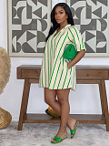 Summer Women Casual Fashion V-neck Striped Short-sleeved Pockets Loose Short Dress MIL-371