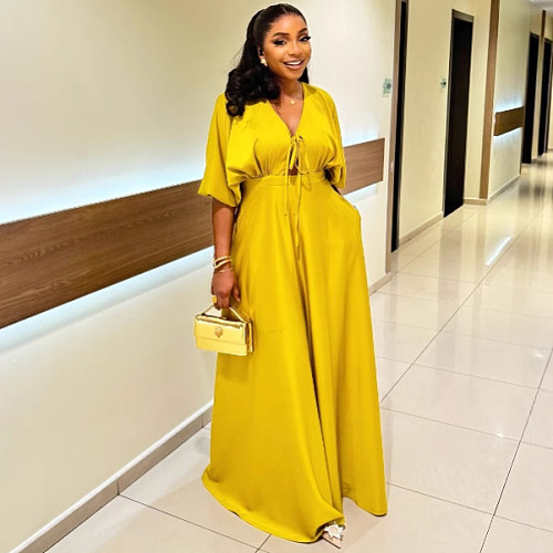 Sexy Solid-Color V-Neck Long Dress With Tie Details  QZ-6520