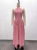Fashionable Checkered Sleeveless Halter-Neck High-Waisted Asymmetrical Maxi Dress QZ-8479