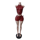 Sexy Leather Adjustable Waistband Shorts and Leggings Set MEM-88679