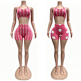 Bandage Halter Pleated Stretchy Polka Dot Print Casual Beach Suit CM-60416