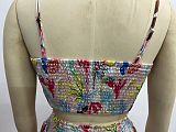Vacation Beach Print Adjustable-Strap Wrap-Front Flared Midi Skirt Set RS-4752