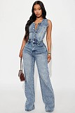 Fashionable Distressed Washed Slim-Fit Stretch Denim Wide-Leg Jumpsuit JLX-6075