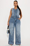 Fashionable Distressed Washed Slim-Fit Stretch Denim Wide-Leg Jumpsuit JLX-6075