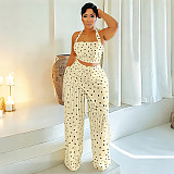 New Polka Dot Print Halter-Neck Backless Bandeau Top and Fringed Pants Set YF-11014