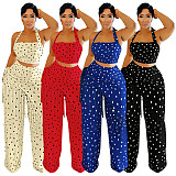New Polka Dot Print Halter-Neck Backless Bandeau Top and Fringed Pants Set YF-11014