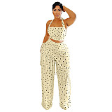 New Polka Dot Print Halter-Neck Backless Bandeau Top and Fringed Pants Set YF-11014