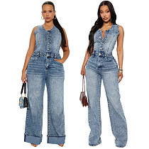 Fashionable Distressed Washed Slim-Fit Stretch Denim Wide-Leg Jumpsuit JLX-6075