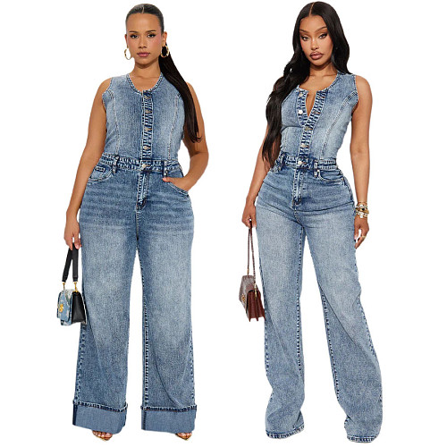Fashionable Distressed Washed Slim-Fit Stretch Denim Wide-Leg Jumpsuit JLX-6075