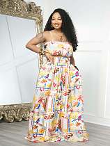 Vacation Beach Print Adjustable-Strap Wrap-Front Flared Midi Skirt Set RS-4752