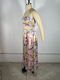 Vacation Beach Print Adjustable-Strap Wrap-Front Flared Midi Skirt Set RS-4752