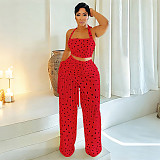 New Polka Dot Print Halter-Neck Backless Bandeau Top and Fringed Pants Set YF-11014