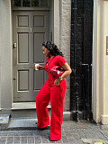 Sexy Figure-Hugging Red Short-Sleeve Set With Waist-Tied Trousers QZ-8958