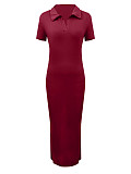 Stylish Knit Fitted Collared Short-Sleeve Bodycon Dress ZAND-31705