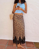 Sexy and Stylish Long Midi Skirt With Leopard Print and Lace Hem SHD-8100
