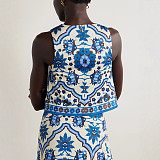 Fashionable Blue Printed Round-Neck Top and Skirt Set SHD-9977
