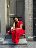 Sexy Figure-Hugging Red Short-Sleeve Set With Waist-Tied Trousers QZ-8958