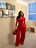 Sexy Figure-Hugging Red Short-Sleeve Set With Waist-Tied Trousers QZ-8958