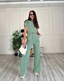 Solid-Color Crew-Neck Short-Sleeve Top and High-Waisted Wide-Leg Pants Set SSN-211408