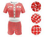Fashionable Houndstooth Short-Sleeve Top and Shorts Set RS-3076