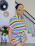Casual Striped Collared Cardigan Short-Sleeve Shirt and Shorts Two-Piece Set SSN-211549