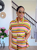 Casual Striped Collared Cardigan Short-Sleeve Shirt and Shorts Two-Piece Set SSN-211549