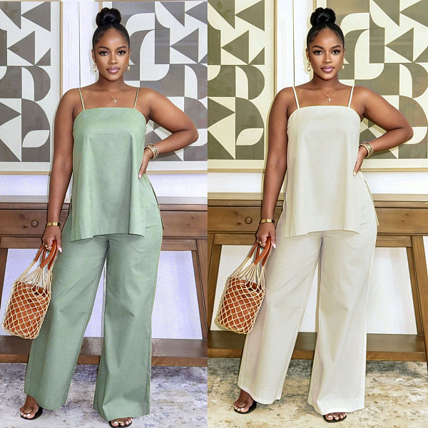 Casual Commuter Two-Piece Set Halter-Neck Split-Leg Straight-Leg Pants NY-3892