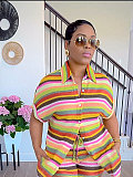 Casual Striped Collared Cardigan Short-Sleeve Shirt and Shorts Two-Piece Set SSN-211549