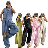 Casual Loose-Fitting 100% Cotton Sleeveless Tie-Front Top and Long Pants Set SSN-211499