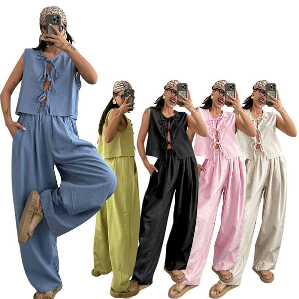 Casual Loose-Fitting 100% Cotton Sleeveless Tie-Front Top and Long Pants Set SSN-211499