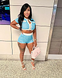 Fashionable Houndstooth Short-Sleeve Top and Shorts Set RS-3076