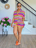 Casual Striped Collared Cardigan Short-Sleeve Shirt and Shorts Two-Piece Set SSN-211549