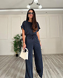 Solid-Color Crew-Neck Short-Sleeve Top and High-Waisted Wide-Leg Pants Set SSN-211408