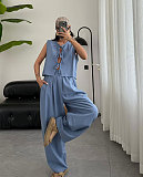 Casual Loose-Fitting 100% Cotton Sleeveless Tie-Front Top and Long Pants Set SSN-211499