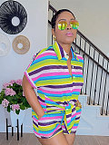Casual Striped Collared Cardigan Short-Sleeve Shirt and Shorts Two-Piece Set SSN-211549