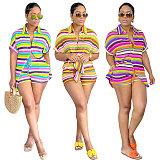 Casual Striped Collared Cardigan Short-Sleeve Shirt and Shorts Two-Piece Set SSN-211549
