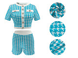 Fashionable Houndstooth Short-Sleeve Top and Shorts Set RS-3076