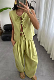 Casual Loose-Fitting 100% Cotton Sleeveless Tie-Front Top and Long Pants Set SSN-211499