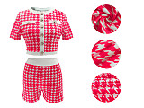 Fashionable Houndstooth Short-Sleeve Top and Shorts Set RS-3076