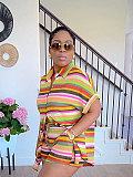 Casual Striped Collared Cardigan Short-Sleeve Shirt and Shorts Two-Piece Set SSN-211549